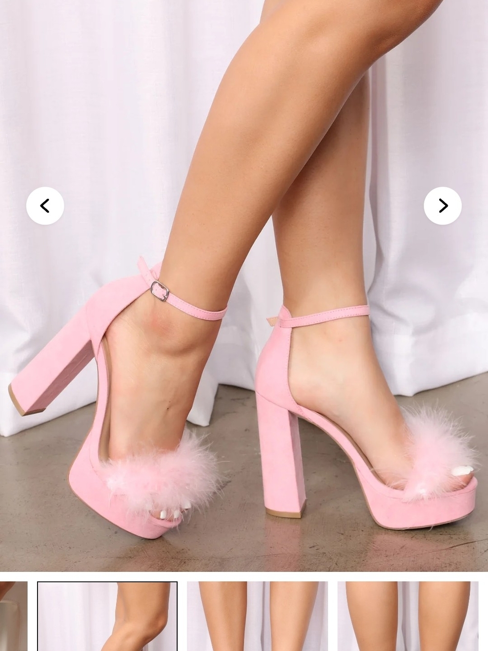 Pink Faux-Suede Ankle-Strap Platform Heels with Marabou Accent